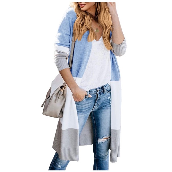 Women’s Boho Open Front Cardigan Colorblock Long Sleeve Loose Knit Lightweight - Picture 3 of 12